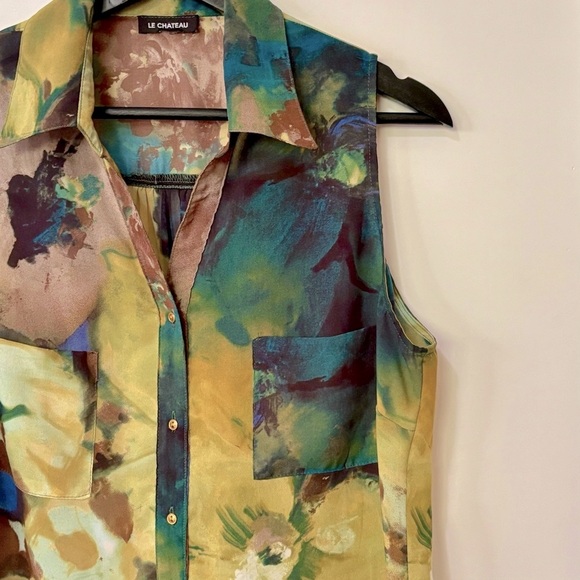 Le Chateau| Sleeveless Blouse Green, Brown, Yellow Sz L - Picture 4 of 4